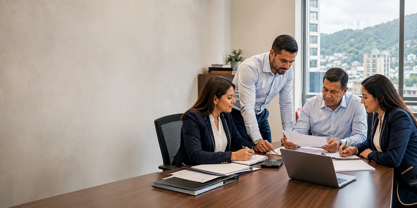 Equipo profesional colaborando durante una sesión de trabajo empresarial